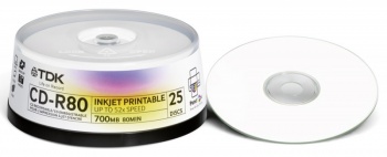  TDK CD-R 700MB 52x Cake Box (25) Printable (t19515) CD-R80PWWCBA25-V
